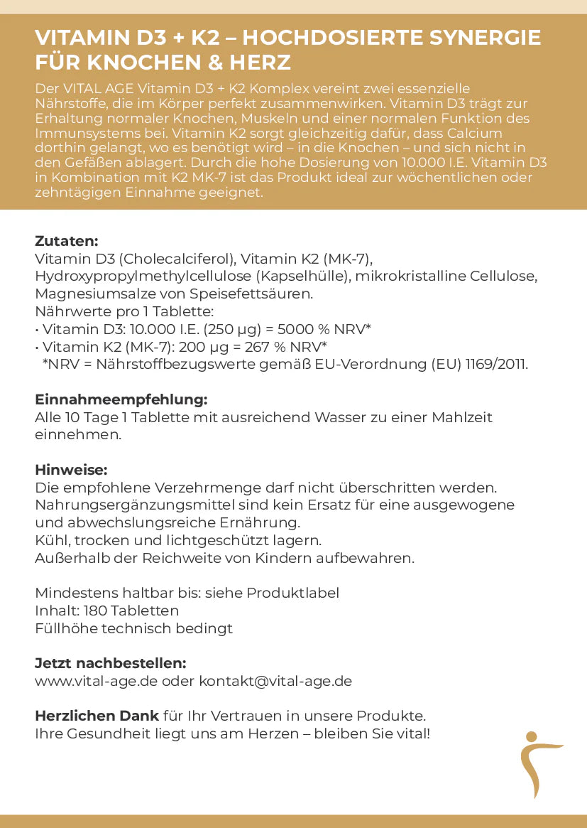 Vitamin D3 + K2 MK7 – 10.000 I.E. | 180 Tabletten